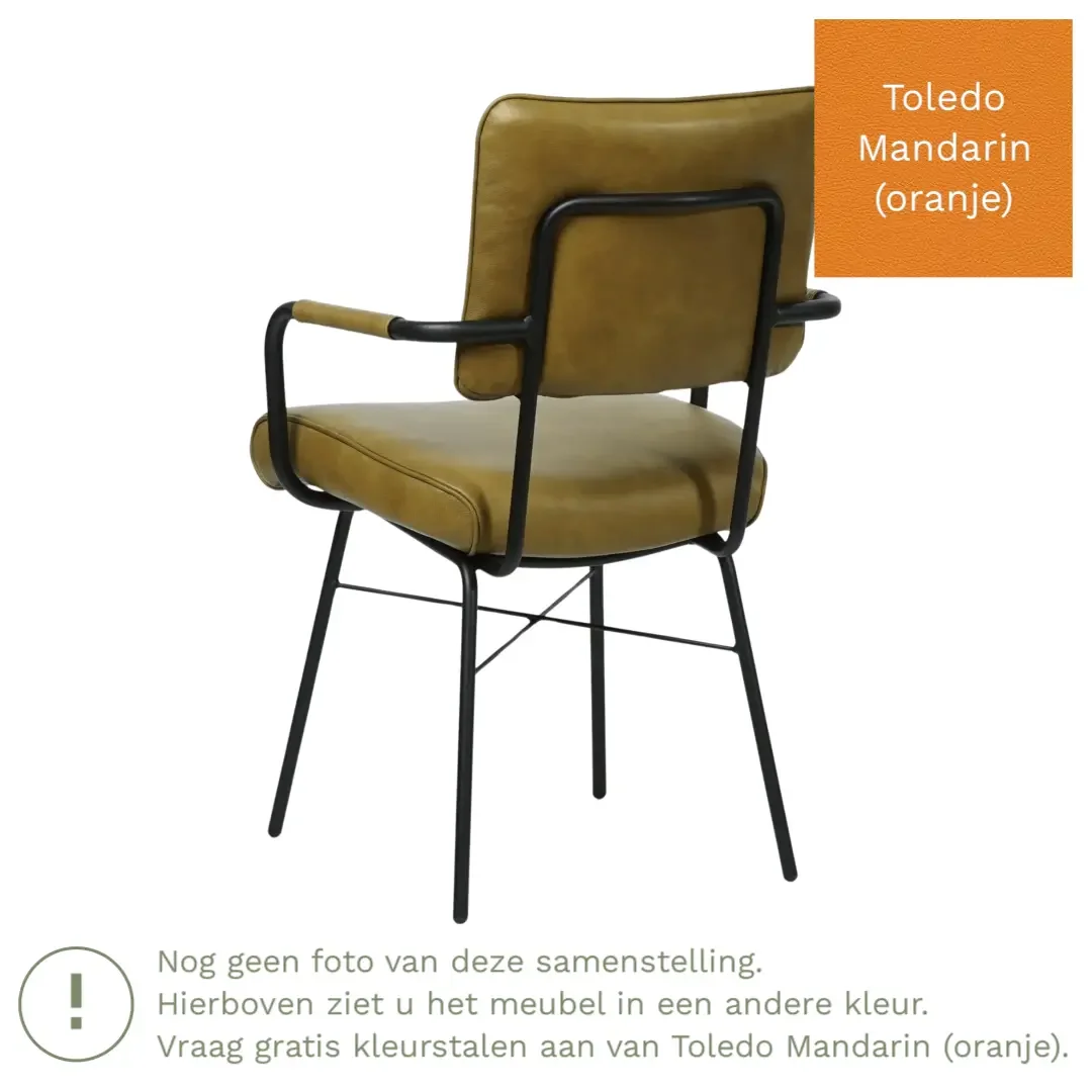 afbeelding van Leren eetkamerstoel Solid met armleuning - Toledo Mandarin (oranje) - Poten staal rond zwart
