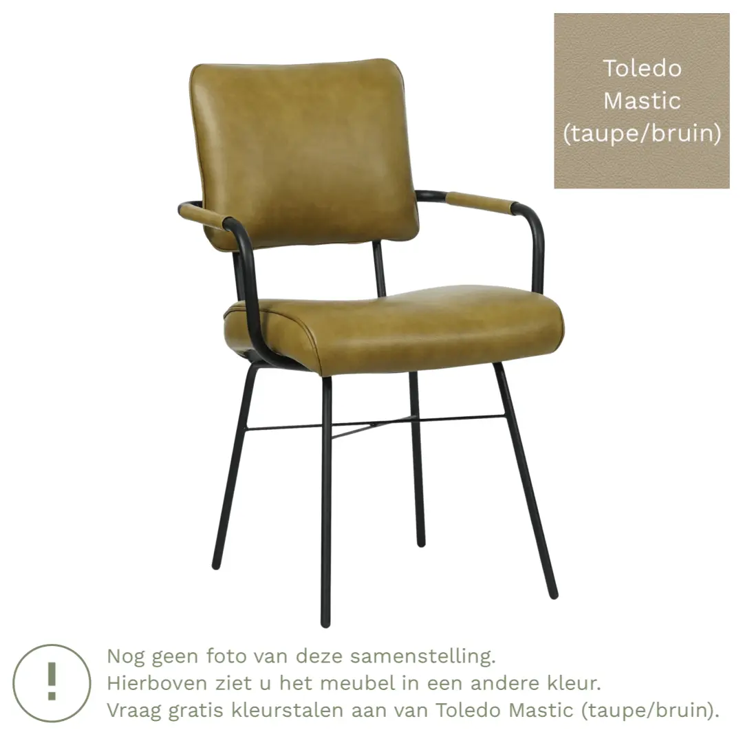afbeelding van Leren eetkamerstoel Solid met armleuning - Toledo Mastic (taupe/bruin) - Poten staal rond zwart
