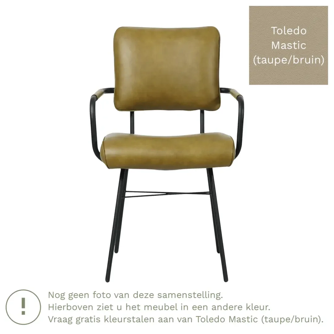 afbeelding van Leren eetkamerstoel Solid met armleuning - Toledo Mastic (taupe/bruin) - Poten staal rond zwart