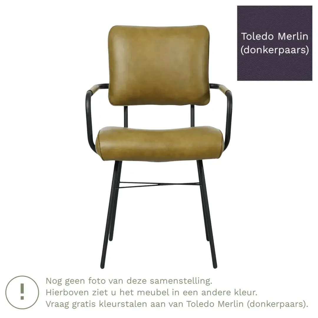afbeelding van Leren eetkamerstoel Solid met armleuning - Toledo Merlin (donkerpaars) - Poten staal rond zwart