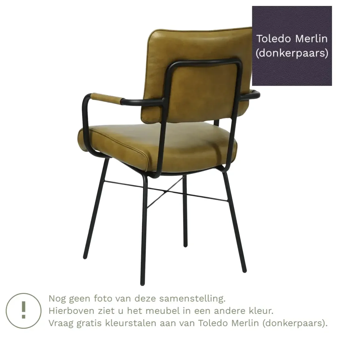 afbeelding van Leren eetkamerstoel Solid met armleuning - Toledo Merlin (donkerpaars) - Poten staal rond zwart