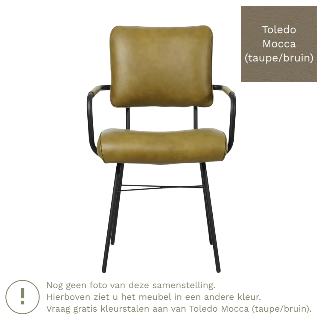 afbeelding van Leren eetkamerstoel Solid met armleuning - Toledo Mocca (taupe/bruin) - Poten staal rond zwart