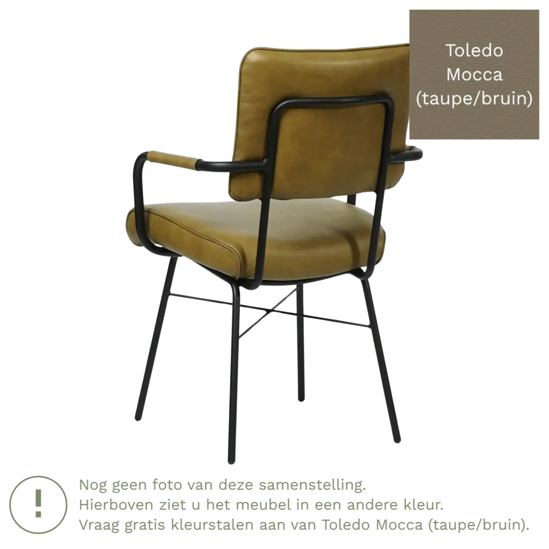 afbeelding van Leren eetkamerstoel Solid met armleuning - Toledo Mocca (taupe/bruin) - Poten staal rond zwart