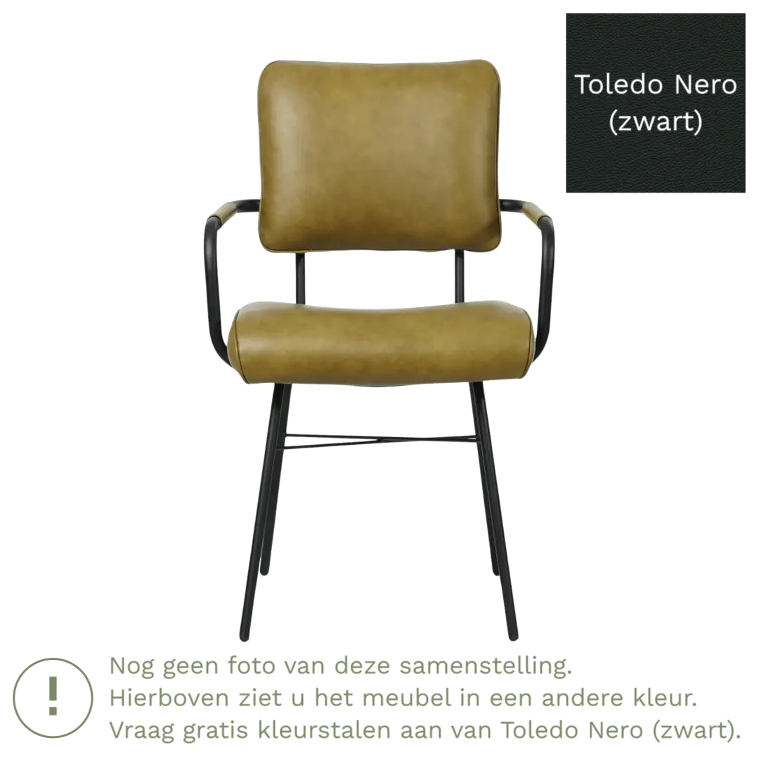 afbeelding van Leren eetkamerstoel Solid met armleuning - Toledo Nero (zwart) - Poten staal rond zwart