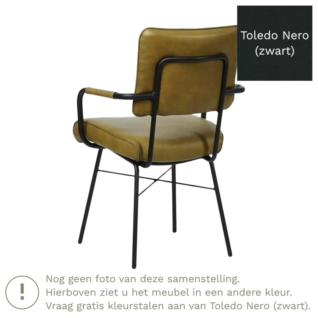 afbeelding van Leren eetkamerstoel Solid met armleuning - Toledo Nero (zwart) - Poten staal rond zwart