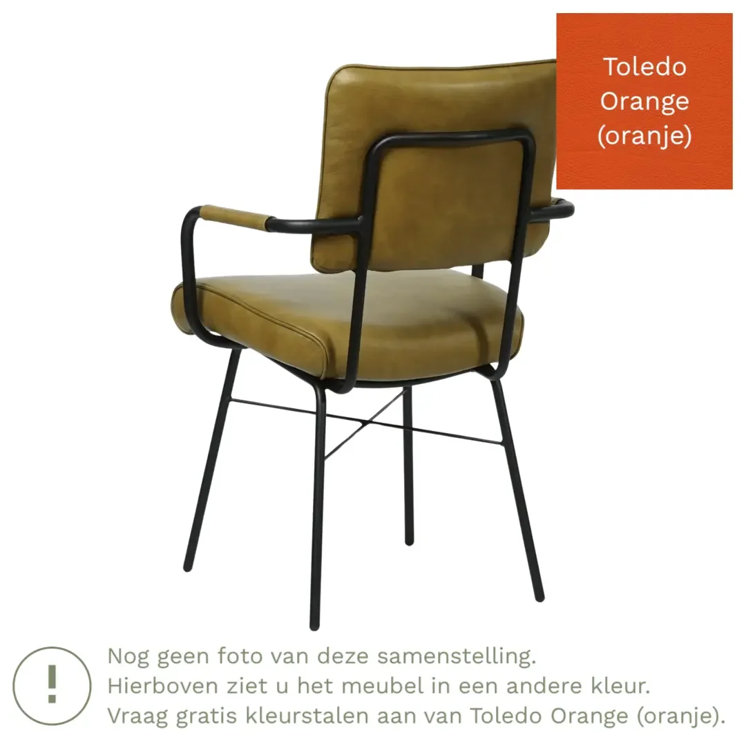 afbeelding van Leren eetkamerstoel Solid met armleuning - Toledo Orange (oranje) - Poten staal rond zwart