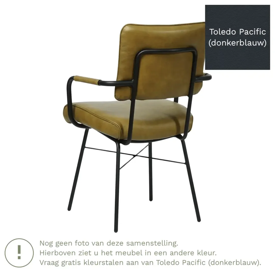 afbeelding van Leren eetkamerstoel Solid met armleuning - Toledo Pacific (donkerblauw) - Poten staal rond zwart