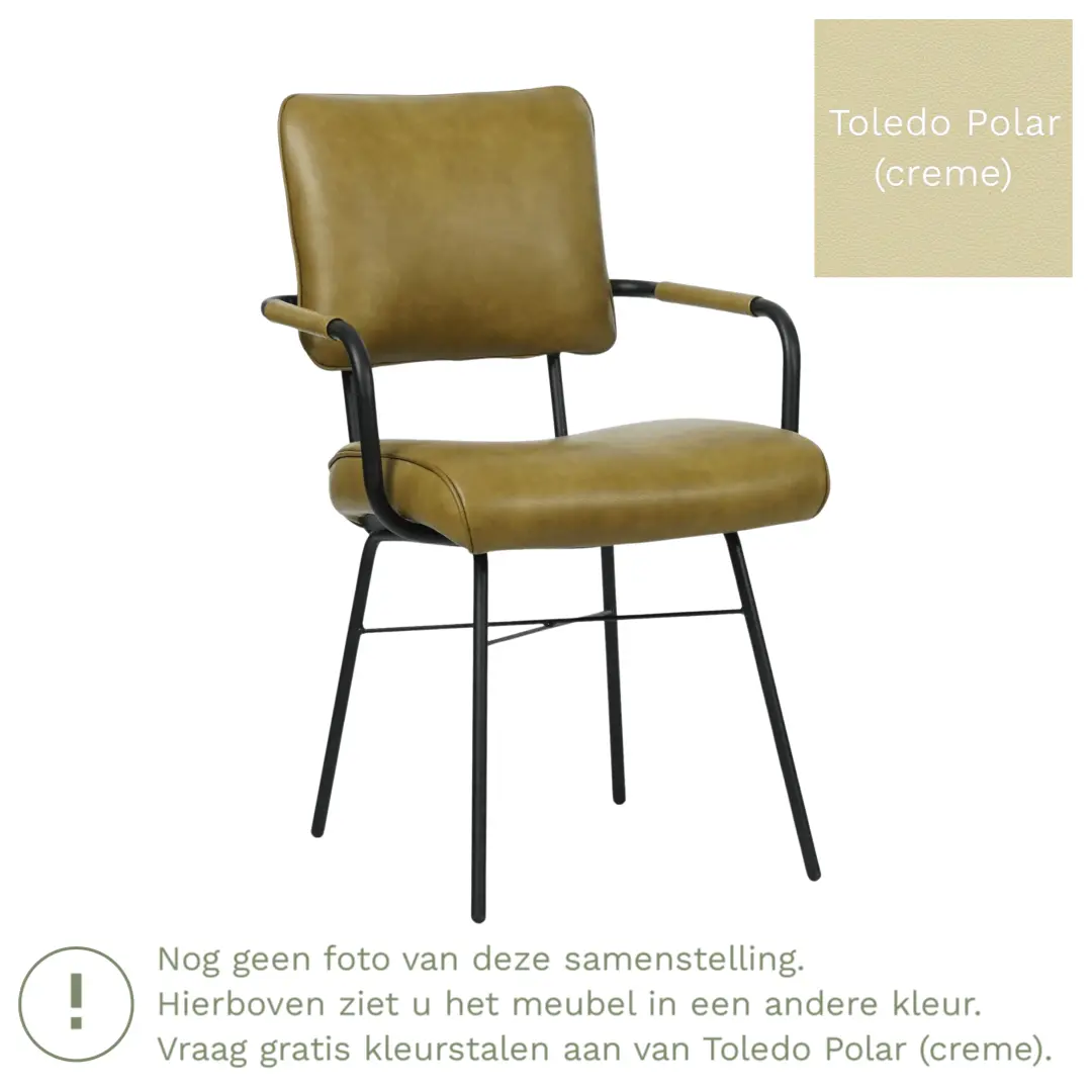 afbeelding van Leren eetkamerstoel Solid met armleuning - Toledo Polar (crème) - Poten staal rond zwart