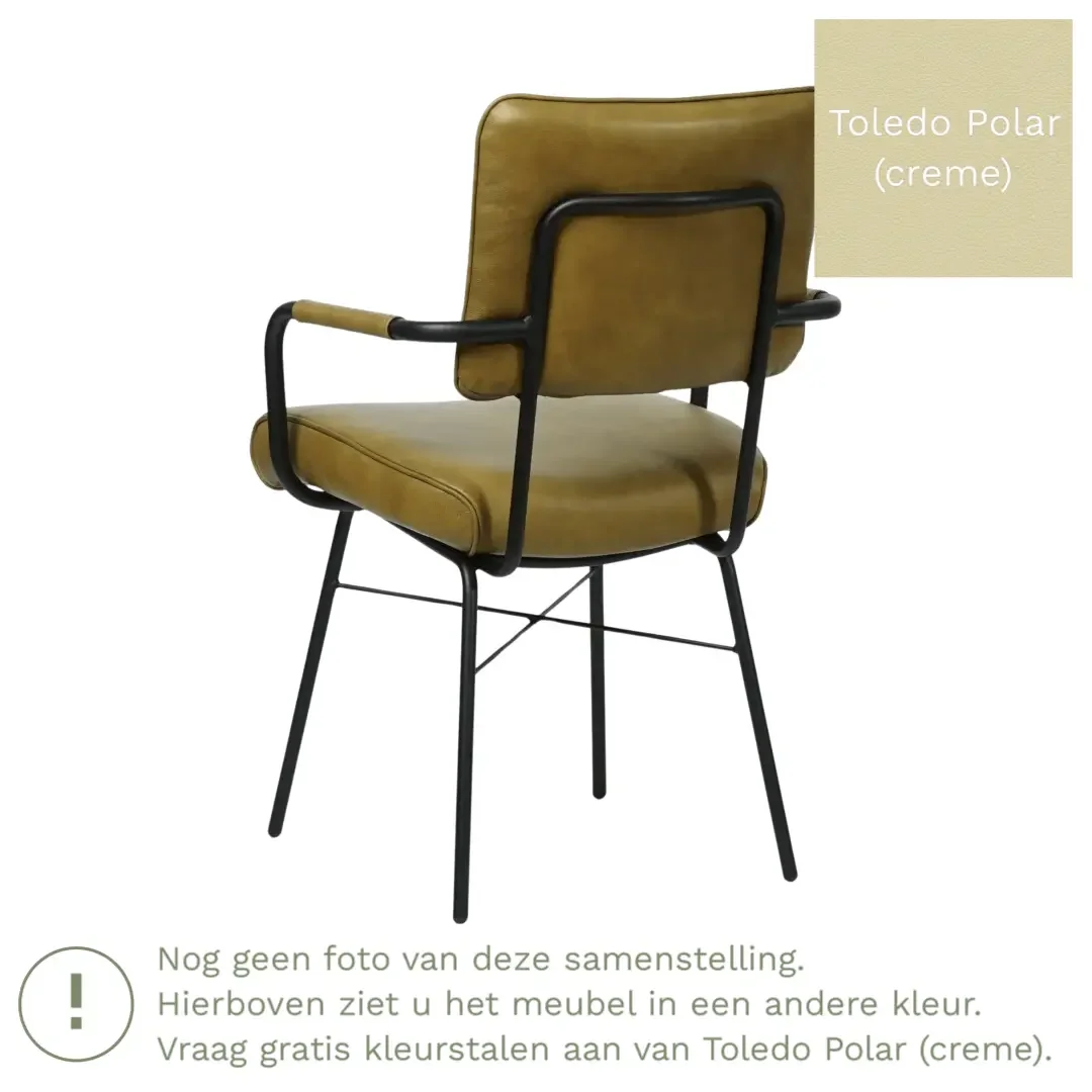 afbeelding van Leren eetkamerstoel Solid met armleuning - Toledo Polar (crème) - Poten staal rond zwart