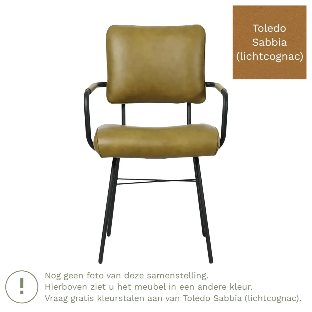 afbeelding van Leren eetkamerstoel Solid met armleuning - Toledo Sabbia (lichtcognac) - Poten staal rond zwart