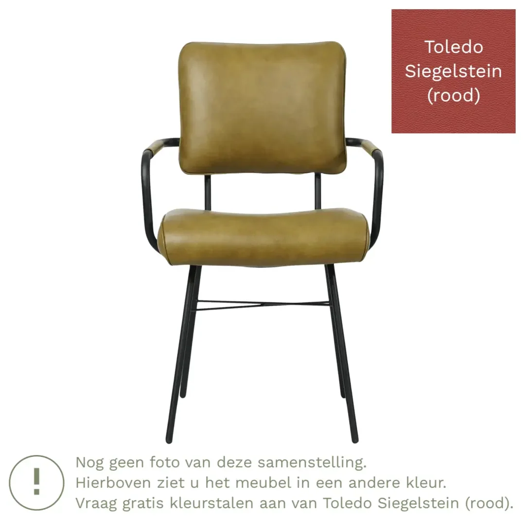 afbeelding van Leren eetkamerstoel Solid met armleuning - Toledo Siegelstein (rood) - Poten staal rond zwart