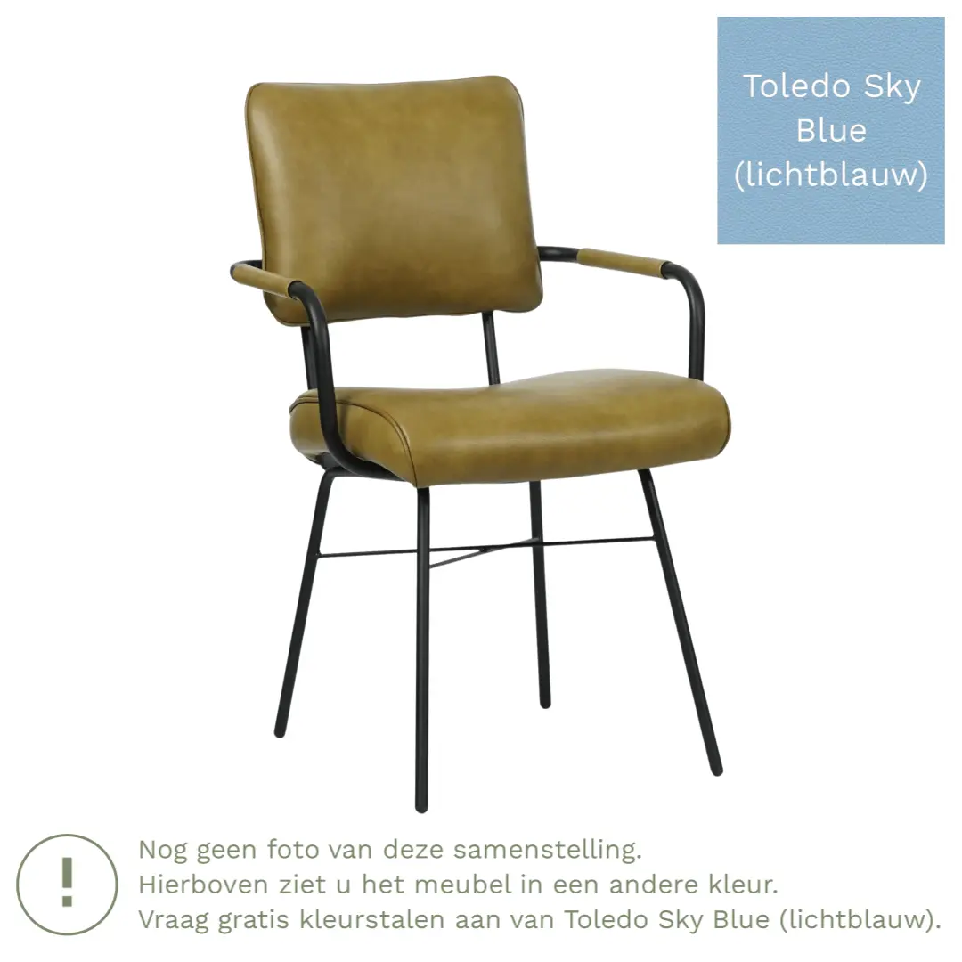 afbeelding van Leren eetkamerstoel Solid met armleuning - Toledo Sky Blue (lichtblauw) - Poten staal rond zwart
