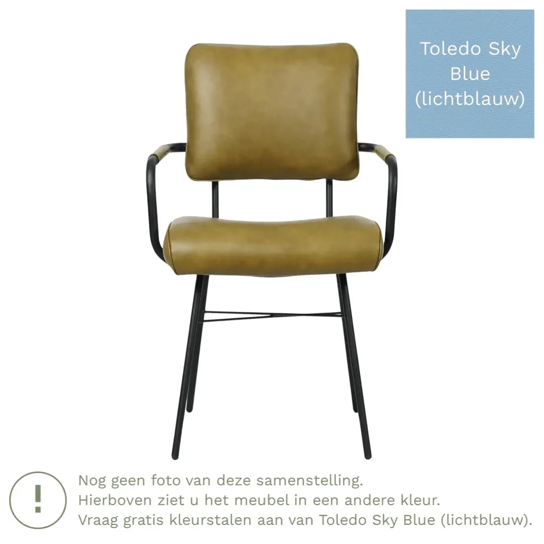 afbeelding van Leren eetkamerstoel Solid met armleuning - Toledo Sky Blue (lichtblauw) - Poten staal rond zwart