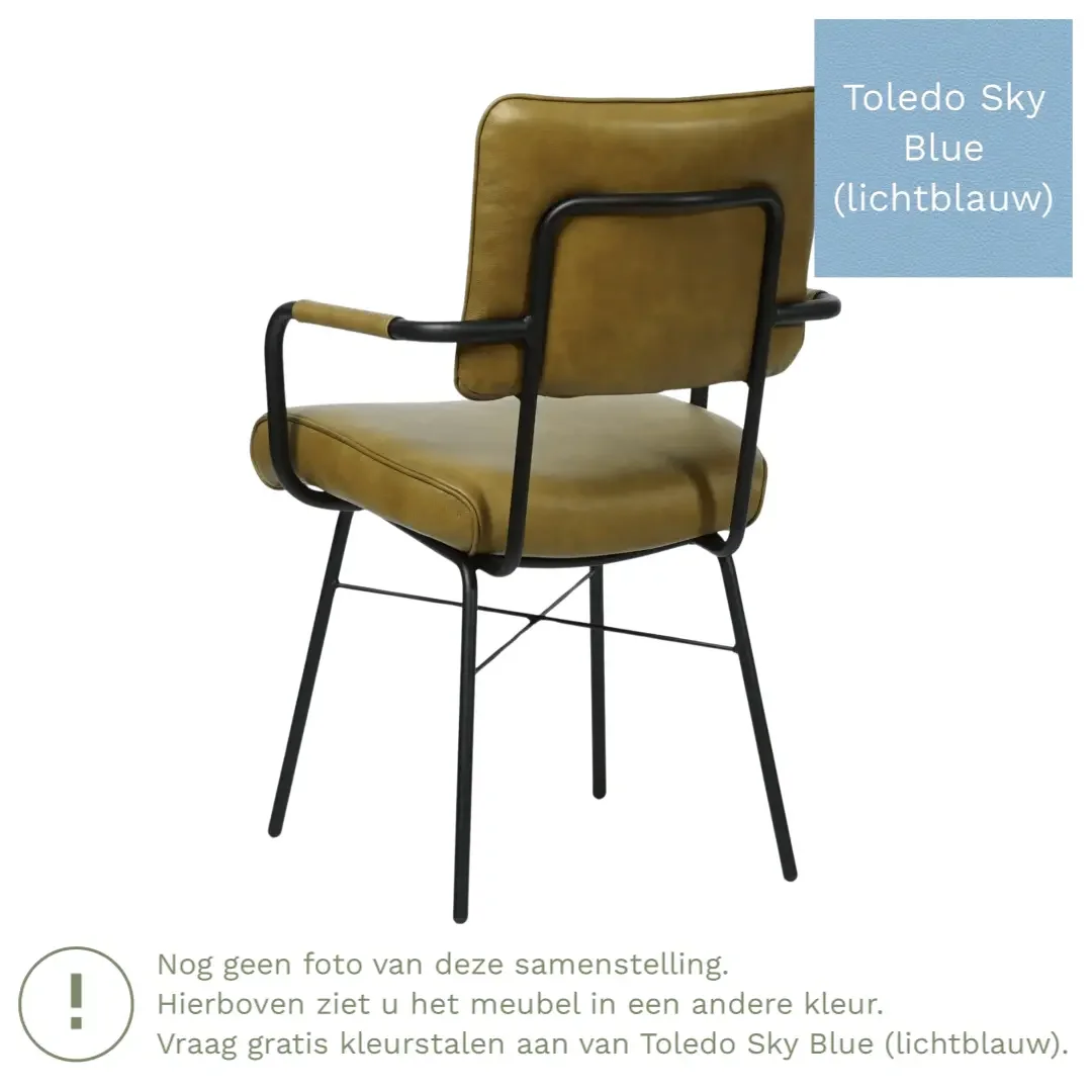 afbeelding van Leren eetkamerstoel Solid met armleuning - Toledo Sky Blue (lichtblauw) - Poten staal rond zwart