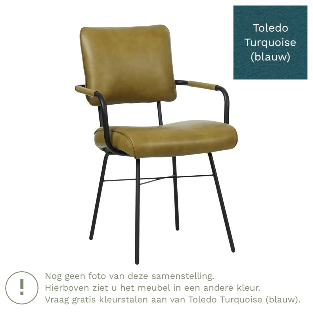 afbeelding van Leren eetkamerstoel Solid met armleuning - Toledo Turquoise (blauw) - Poten staal rond zwart