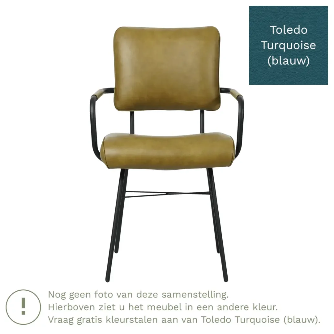 afbeelding van Leren eetkamerstoel Solid met armleuning - Toledo Turquoise (blauw) - Poten staal rond zwart