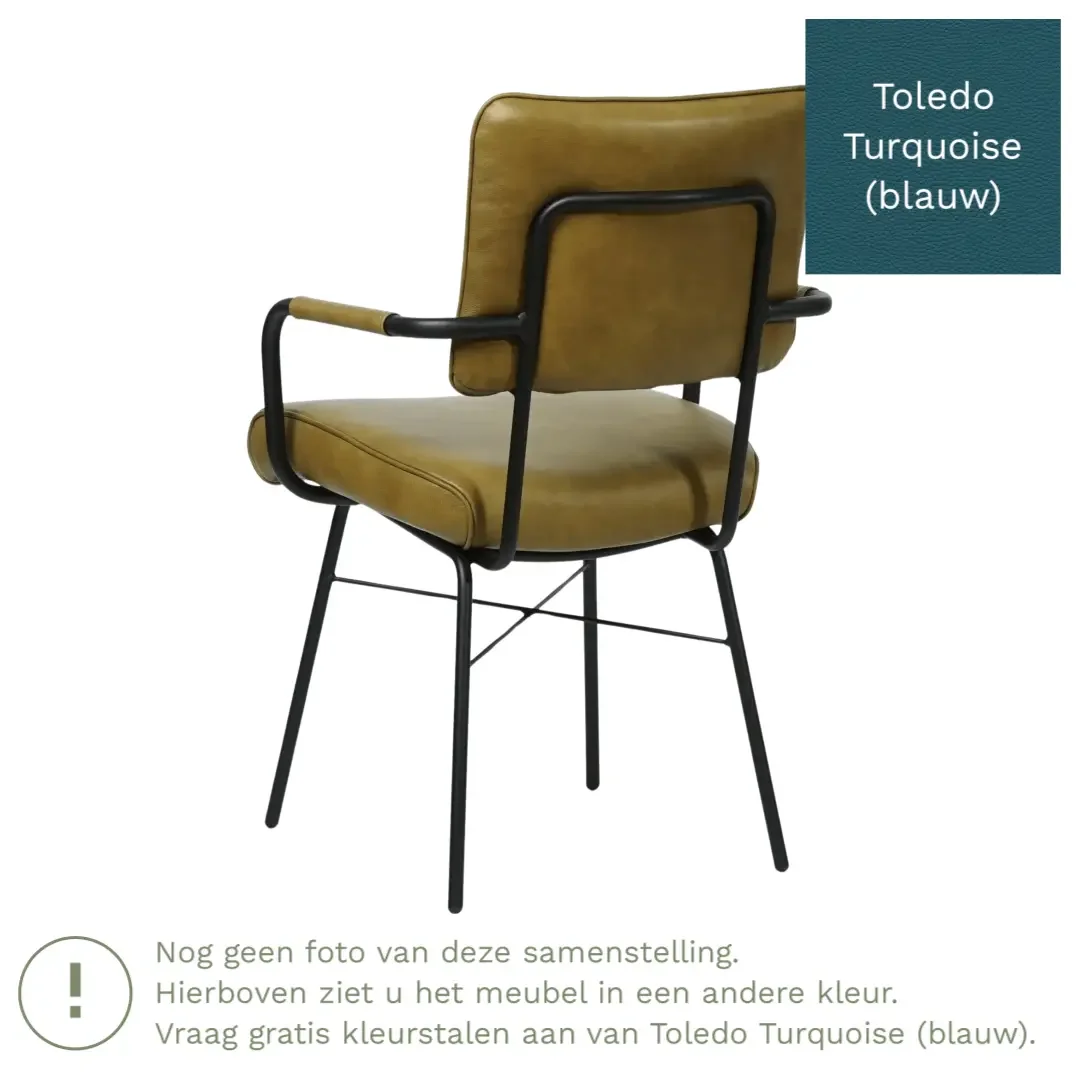 afbeelding van Leren eetkamerstoel Solid met armleuning - Toledo Turquoise (blauw) - Poten staal rond zwart