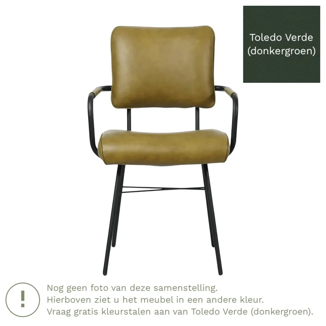 afbeelding van Leren eetkamerstoel Solid met armleuning - Toledo Verde (donkergroen) - Poten staal rond zwart