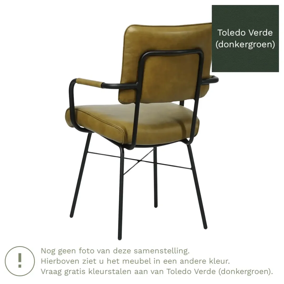 afbeelding van Leren eetkamerstoel Solid met armleuning - Toledo Verde (donkergroen) - Poten staal rond zwart