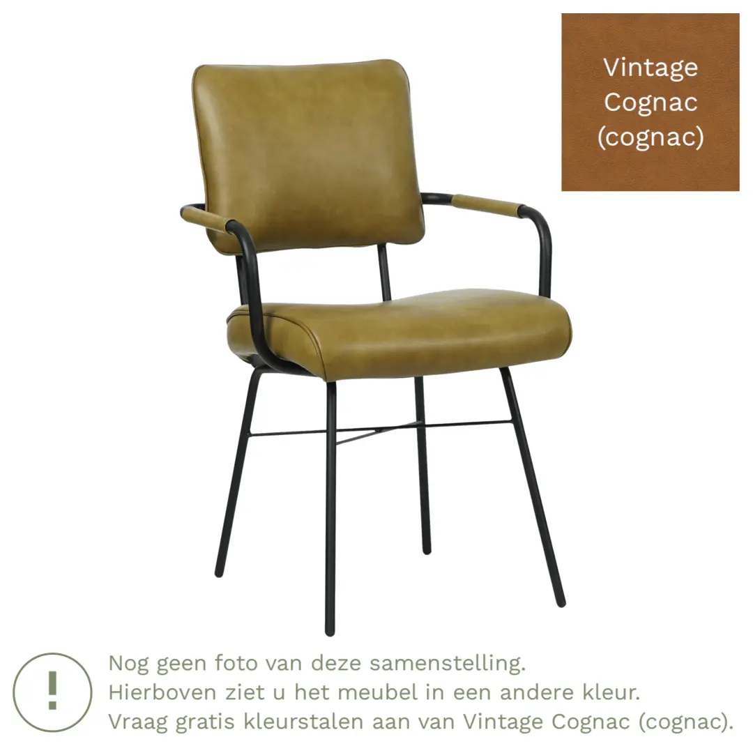afbeelding van Leren eetkamerstoel Solid met armleuning - Vintage Cognac (cognac) - Poten staal rond zwart