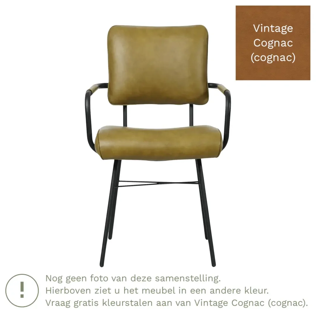afbeelding van Leren eetkamerstoel Solid met armleuning - Vintage Cognac (cognac) - Poten staal rond zwart