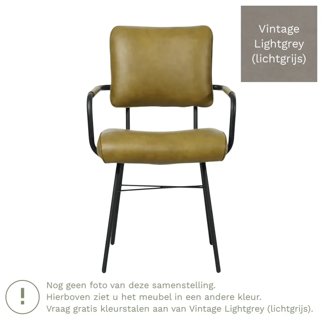 afbeelding van Leren eetkamerstoel Solid met armleuning - Vintage Lightgrey (lichtgrijs) - Poten staal rond zwart