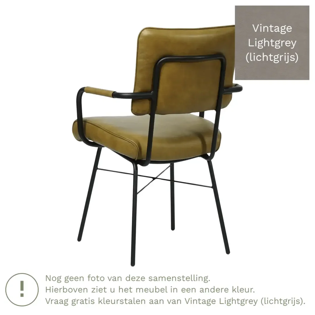 afbeelding van Leren eetkamerstoel Solid met armleuning - Vintage Lightgrey (lichtgrijs) - Poten staal rond zwart