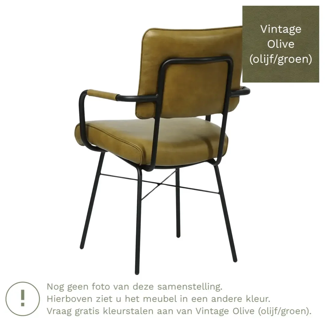 afbeelding van Leren eetkamerstoel Solid met armleuning - Vintage Olive (olijf/groen) - Poten staal rond zwart