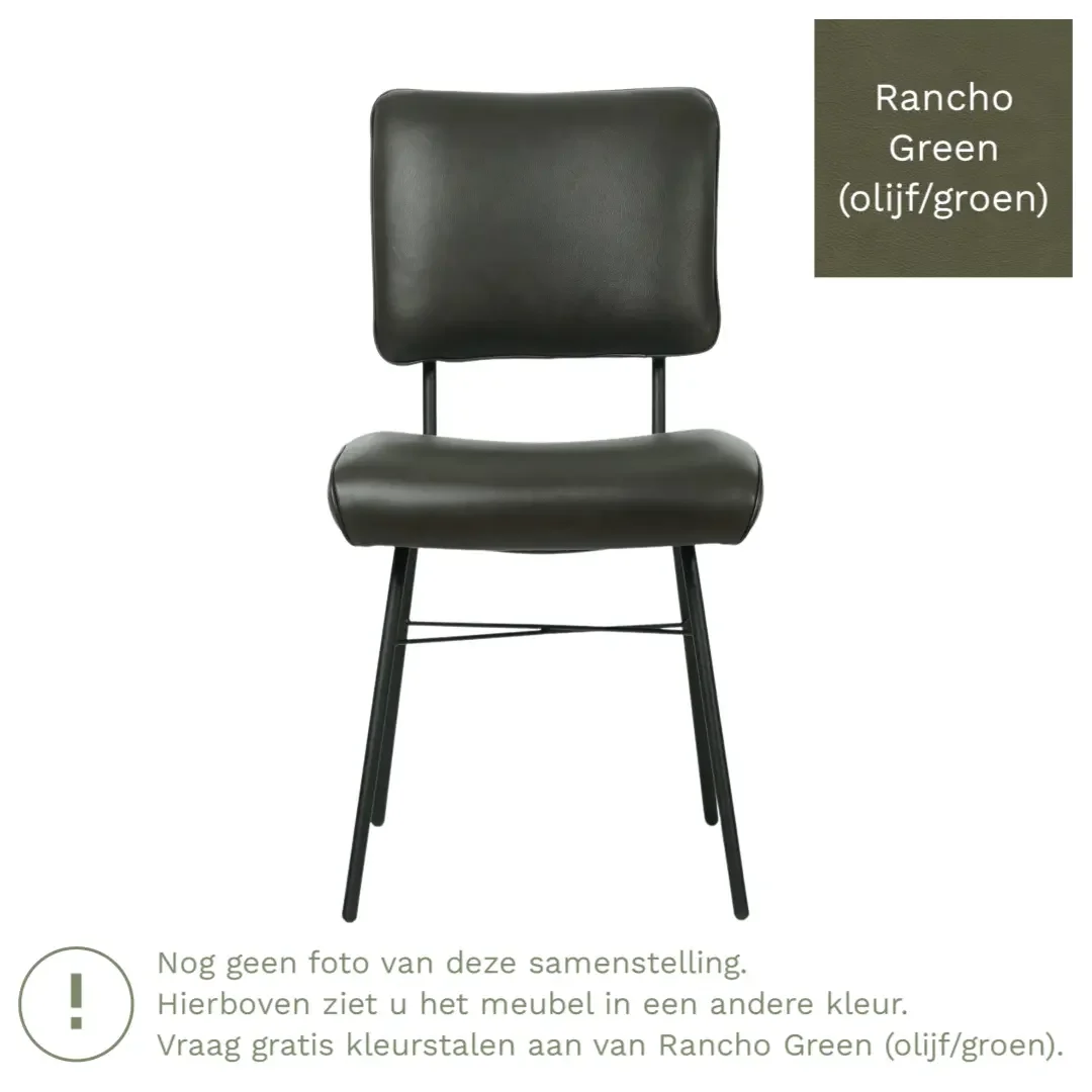 afbeelding van Leren eetkamerstoel Solid - Rancho Green (olijf/groen) - Poten staal rond zwart