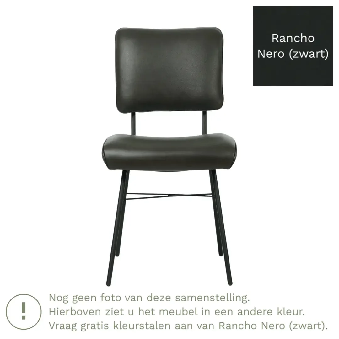 afbeelding van Leren eetkamerstoel Solid - Rancho Nero (zwart) - Poten staal rond zwart