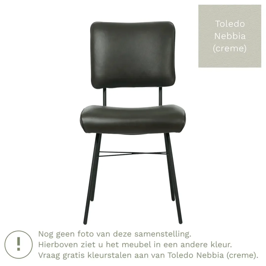 afbeelding van Leren eetkamerstoel Solid - Toledo Nebbia (crème) - Poten staal rond zwart