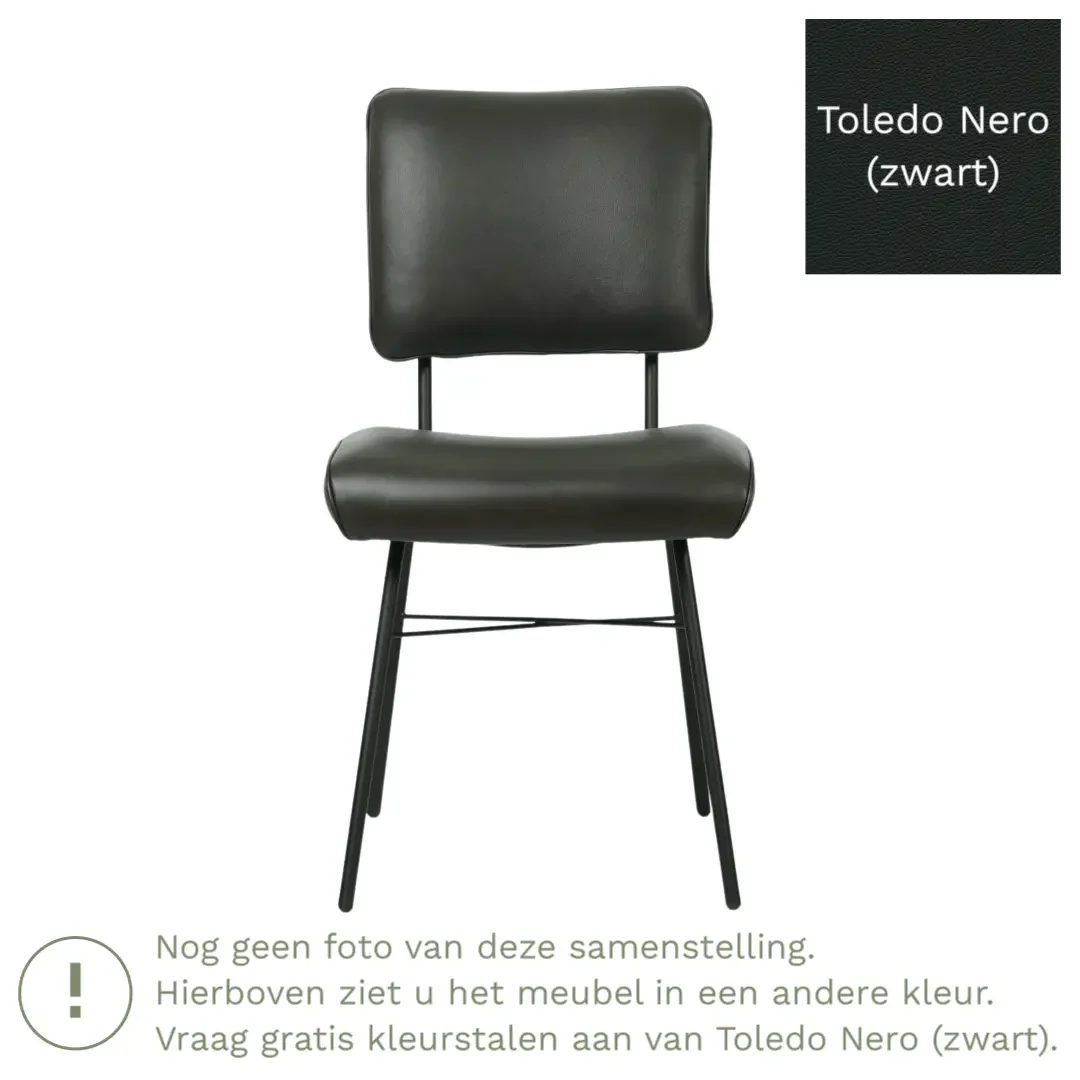 afbeelding van Leren eetkamerstoel Solid - Toledo Nero (zwart) - Poten staal rond zwart
