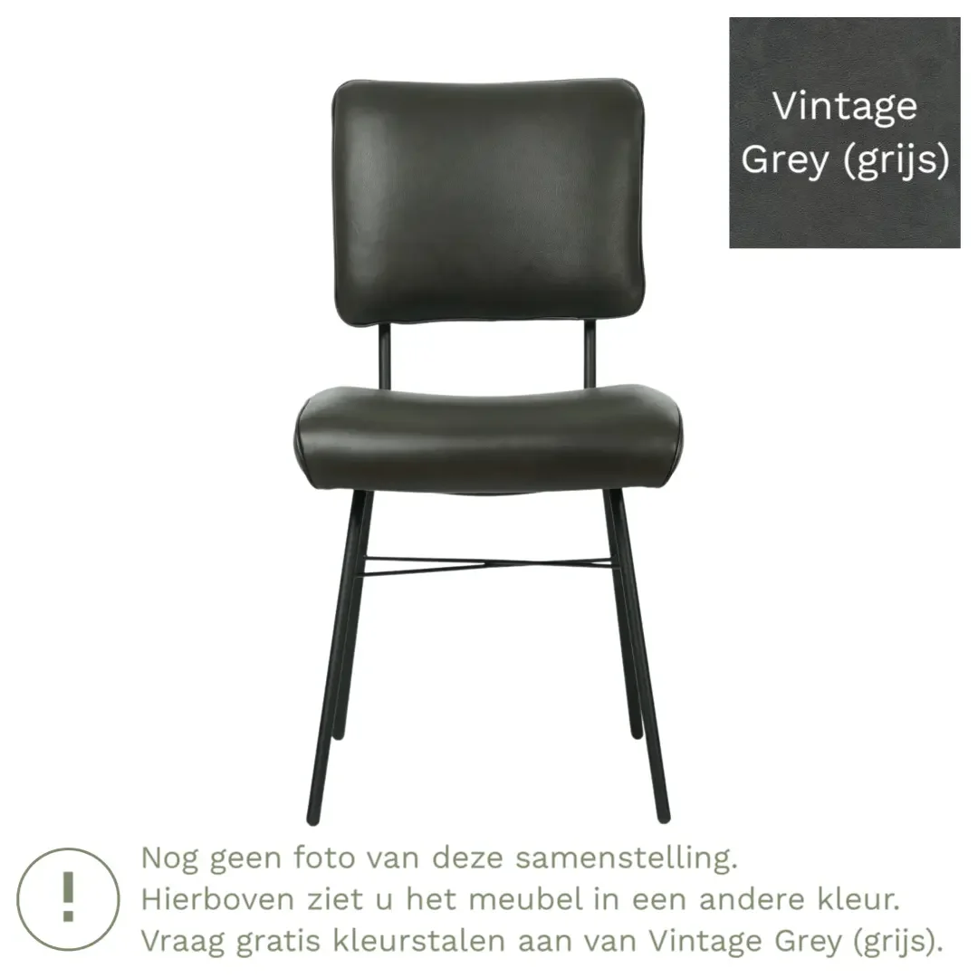 afbeelding van Leren eetkamerstoel Solid - Vintage Grey (grijs) - Poten staal rond zwart
