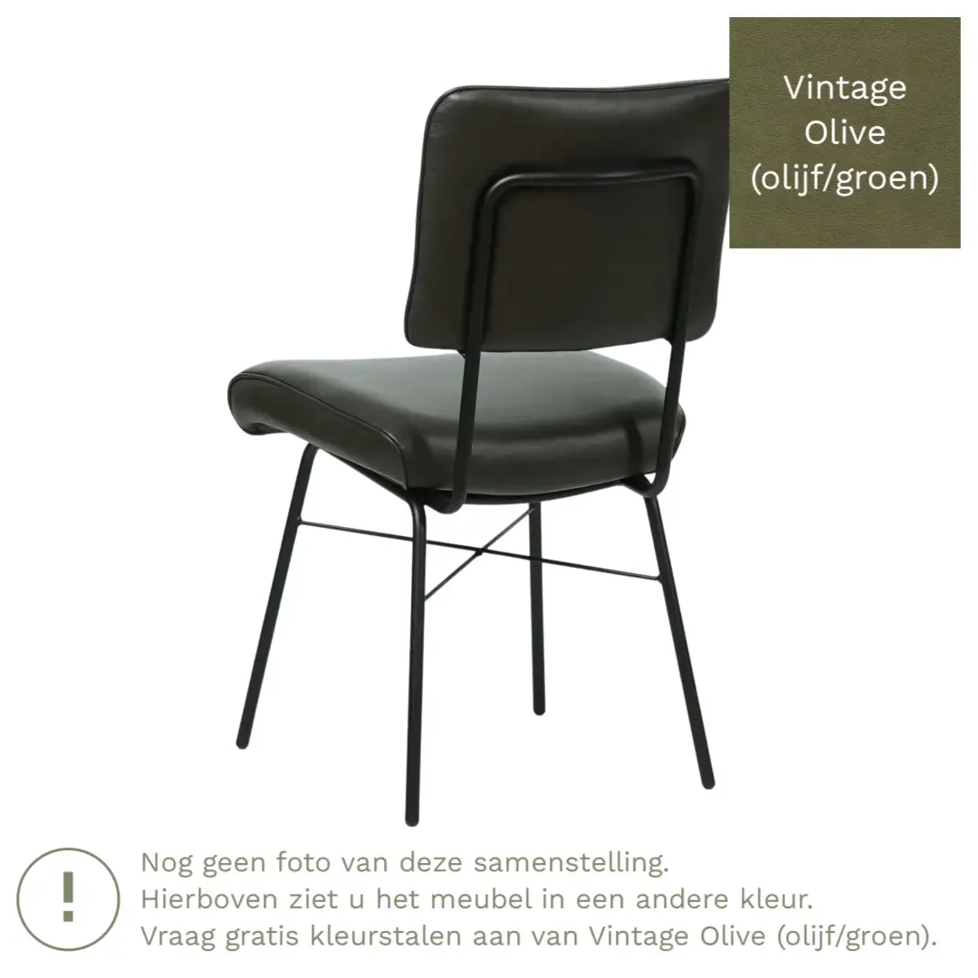 afbeelding van Leren eetkamerstoel Solid - Vintage Olive (olijf/groen) - Poten staal rond zwart
