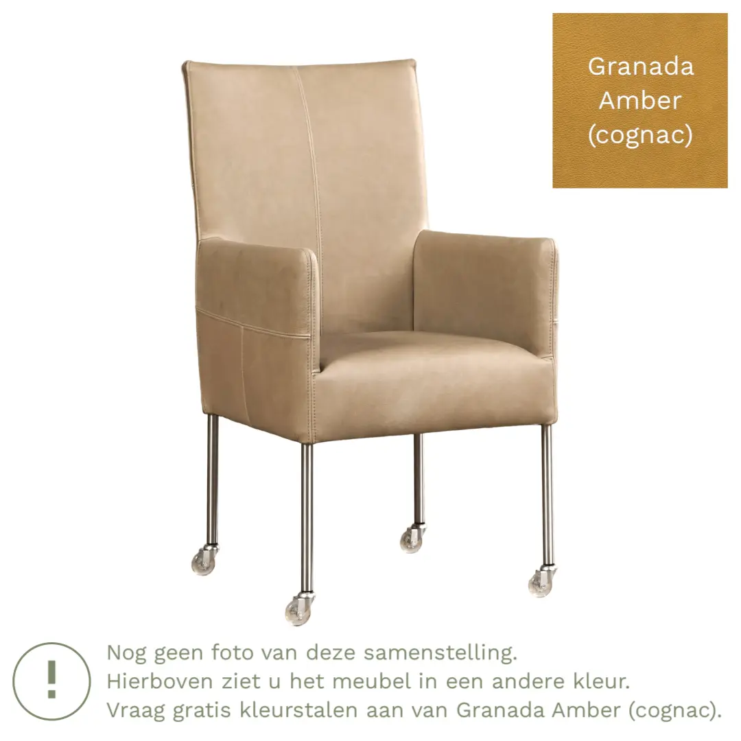 afbeelding van Leren eetkamerstoel Spark - Granada Amber (cognac) - Poten staal rond zwart