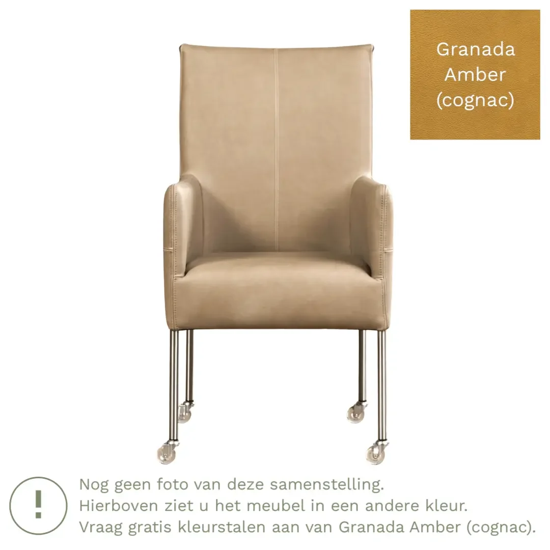afbeelding van Leren eetkamerstoel Spark - Granada Amber (cognac) - Poten staal rond zwart