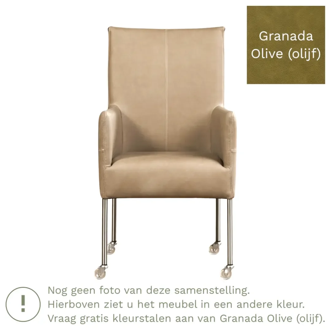 afbeelding van Leren eetkamerstoel Spark - Granada Olive (olijf) - Poten staal rond RVS