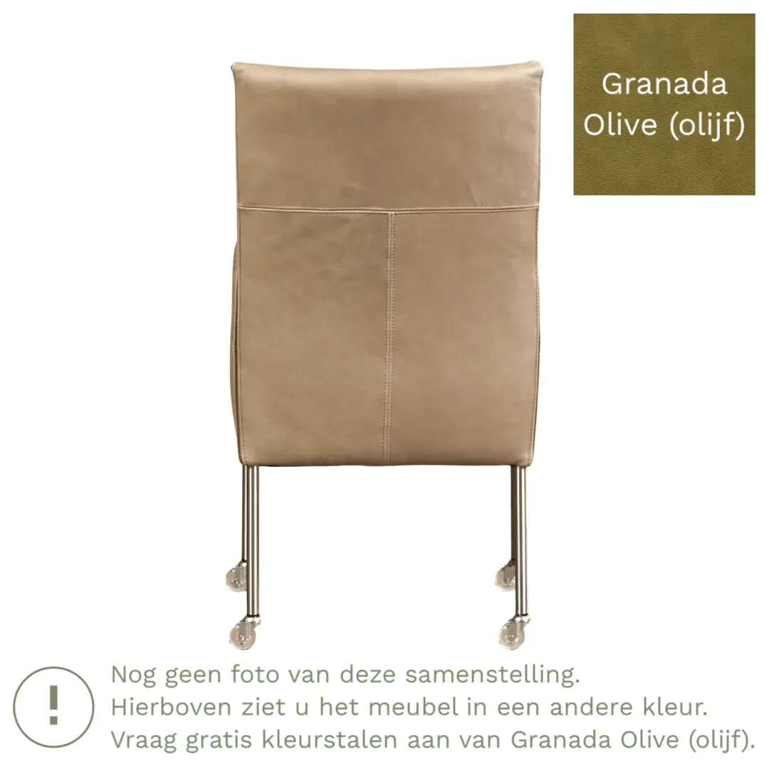 afbeelding van Leren eetkamerstoel Spark - Granada Olive (olijf) - Poten staal rond RVS