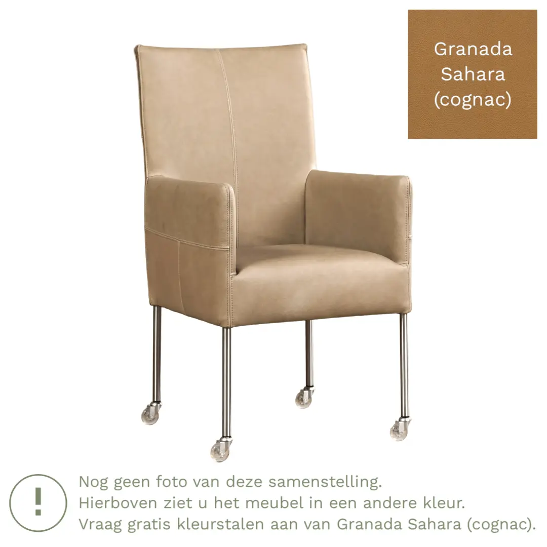 afbeelding van Leren eetkamerstoel Spark - Granada Sahara (cognac) - Poten staal rond RVS