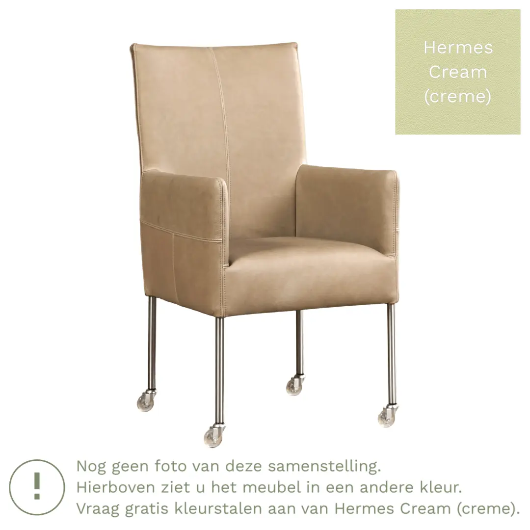 afbeelding van Leren eetkamerstoel Spark - Hermes Cream (crème) - Poten staal rond RVS