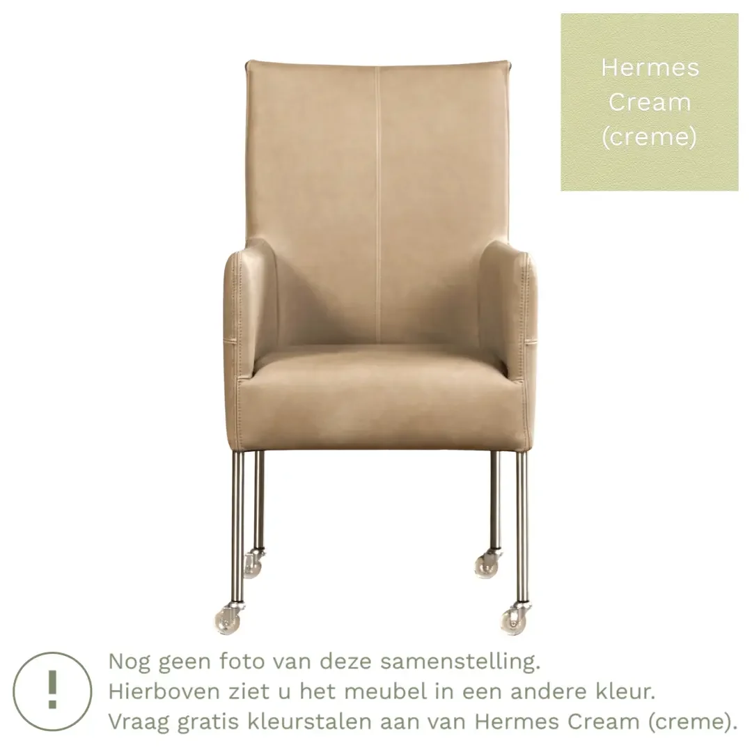 afbeelding van Leren eetkamerstoel Spark - Hermes Cream (crème) - Poten staal rond RVS