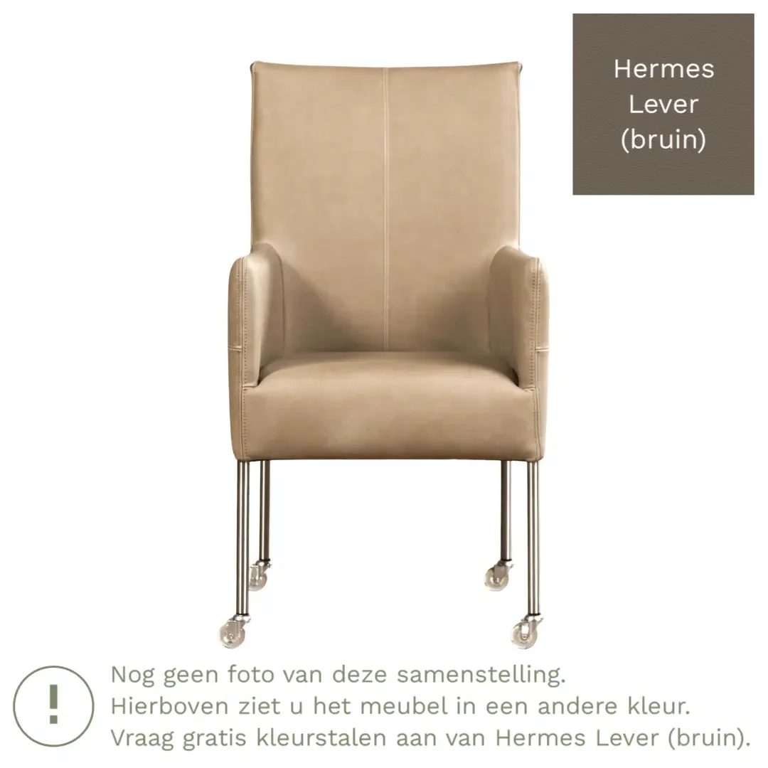afbeelding van Leren eetkamerstoel Spark - Hermes Lever (bruin) - Poten staal rond RVS