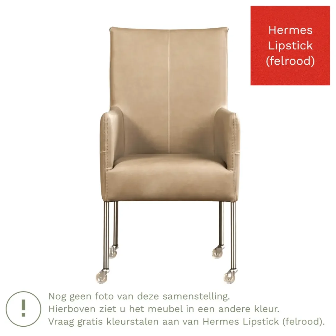 afbeelding van Leren eetkamerstoel Spark - Hermes Lipstick (felrood) - Poten staal rond RVS
