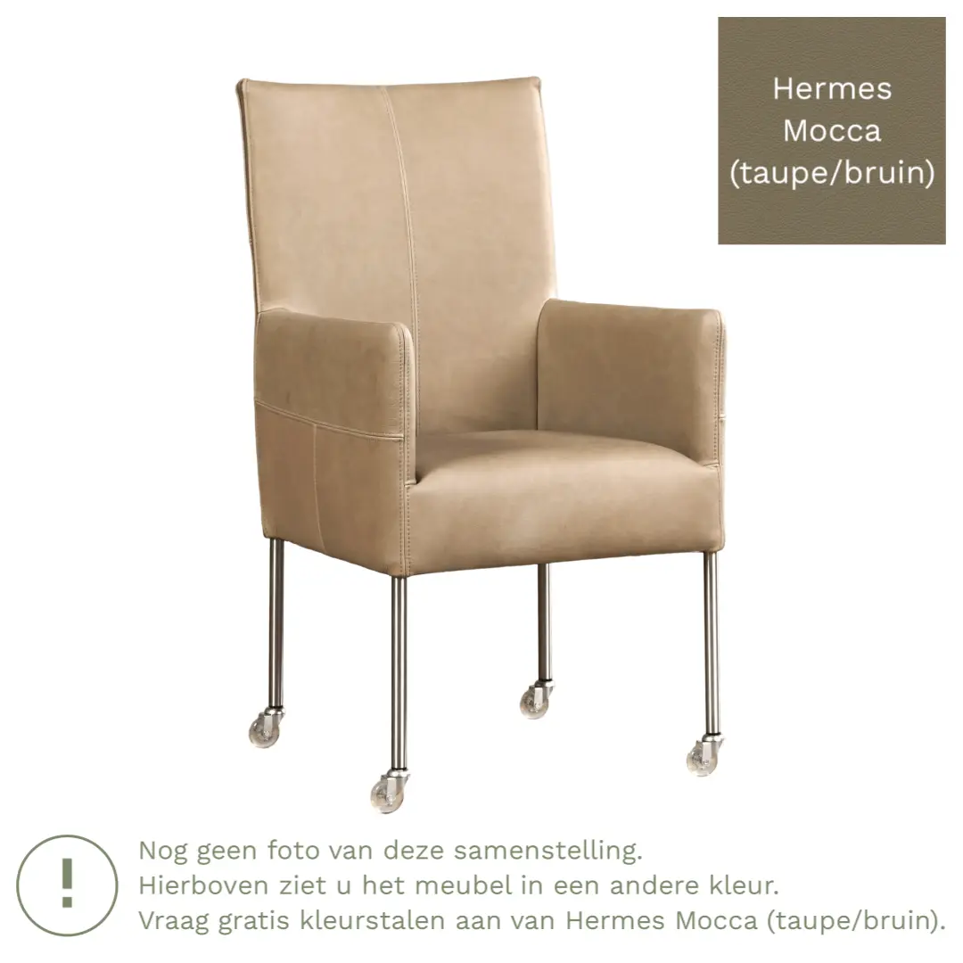 afbeelding van Leren eetkamerstoel Spark - Hermes Mocca (taupe/bruin) - Poten staal rond RVS