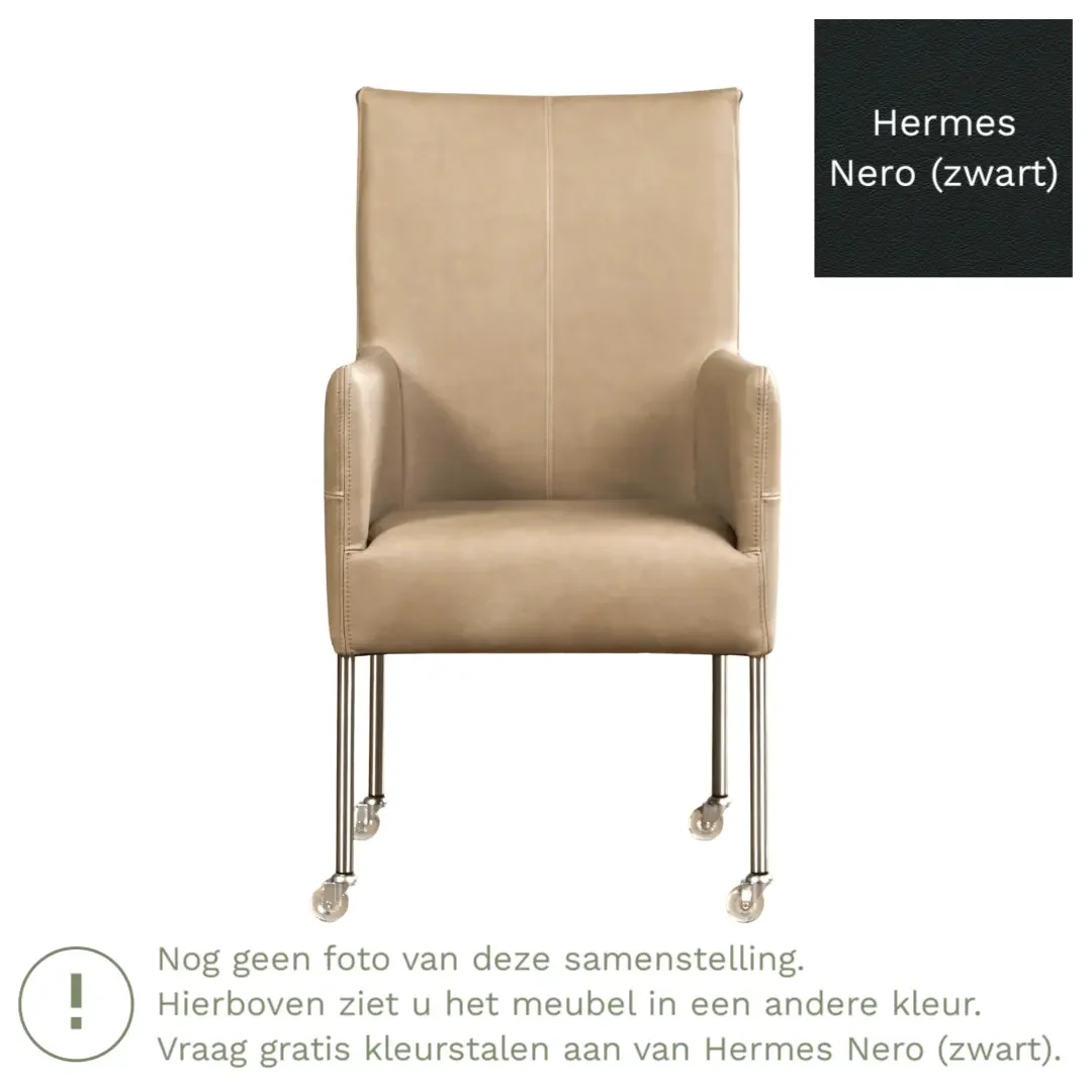 afbeelding van Leren eetkamerstoel Spark - Hermes Nero (zwart) - Poten staal rond RVS
