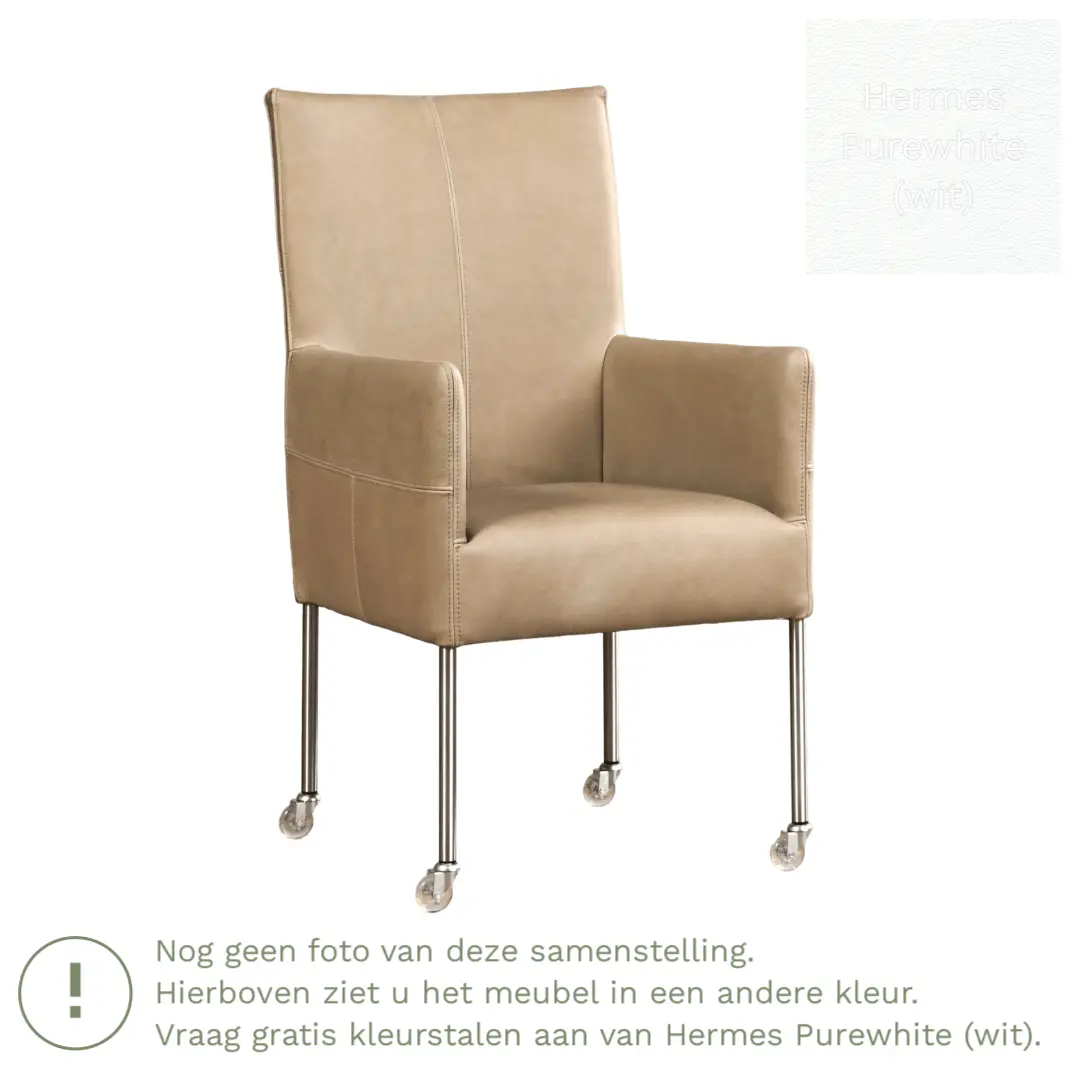 afbeelding van Leren eetkamerstoel Spark - Hermes Purewhite (wit) - Poten staal rond zwart
