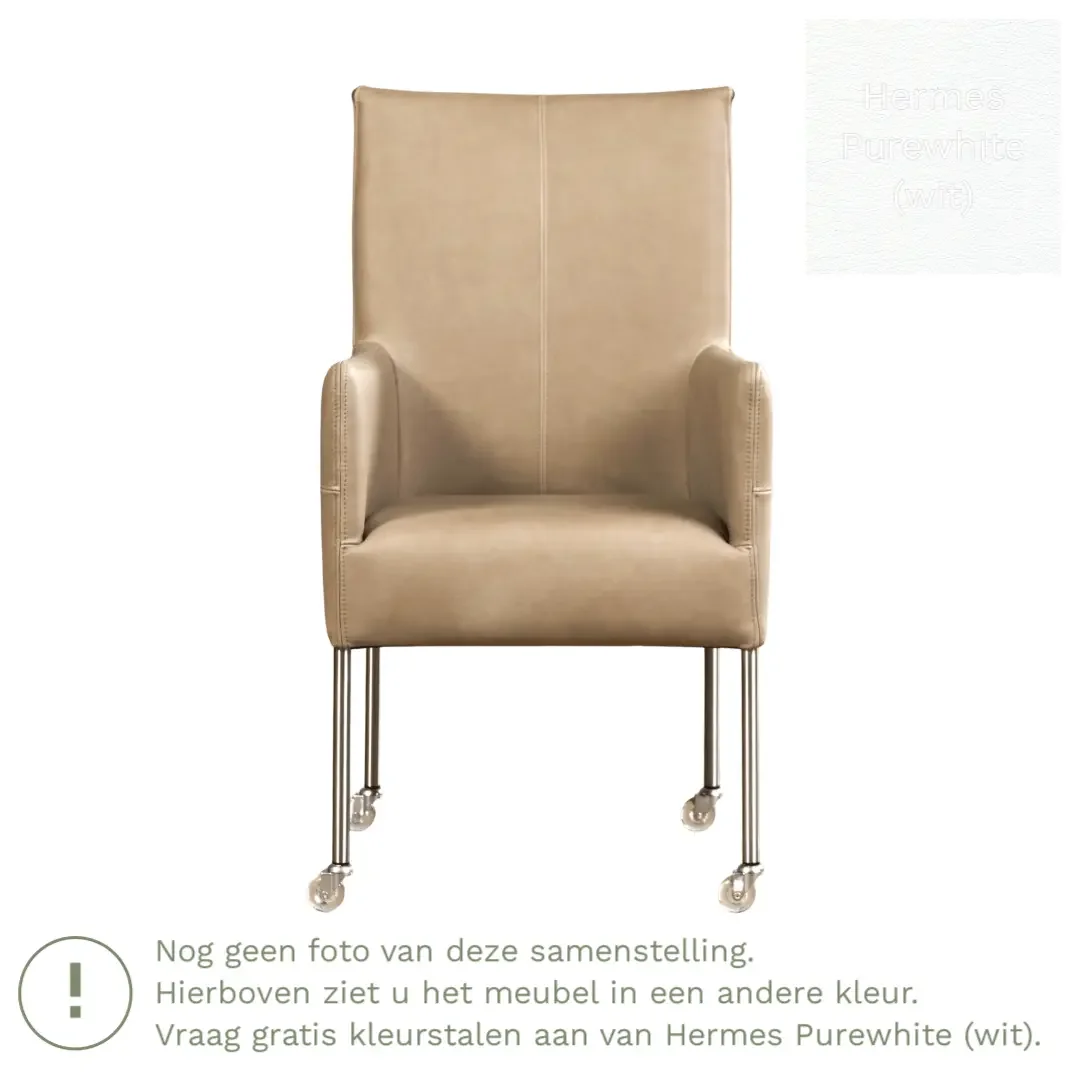 afbeelding van Leren eetkamerstoel Spark - Hermes Purewhite (wit) - Poten staal rond zwart