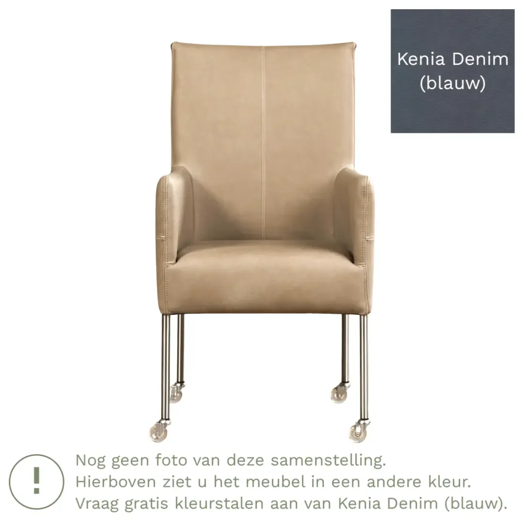 afbeelding van Leren eetkamerstoel Spark - Kenia Denim (blauw) - Poten staal rond RVS