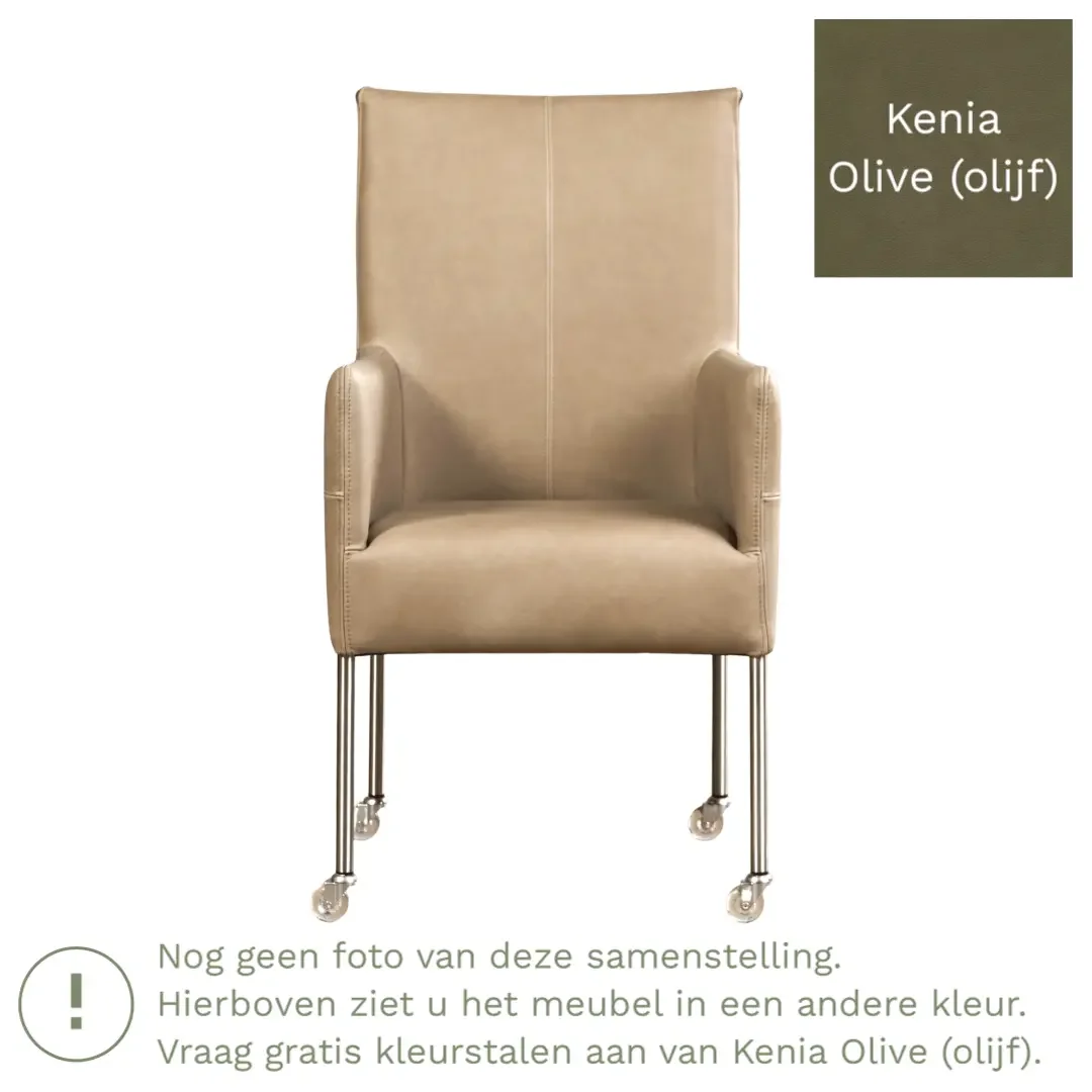 afbeelding van Leren eetkamerstoel Spark - Kenia Olive (olijf) - Poten staal rond zwart