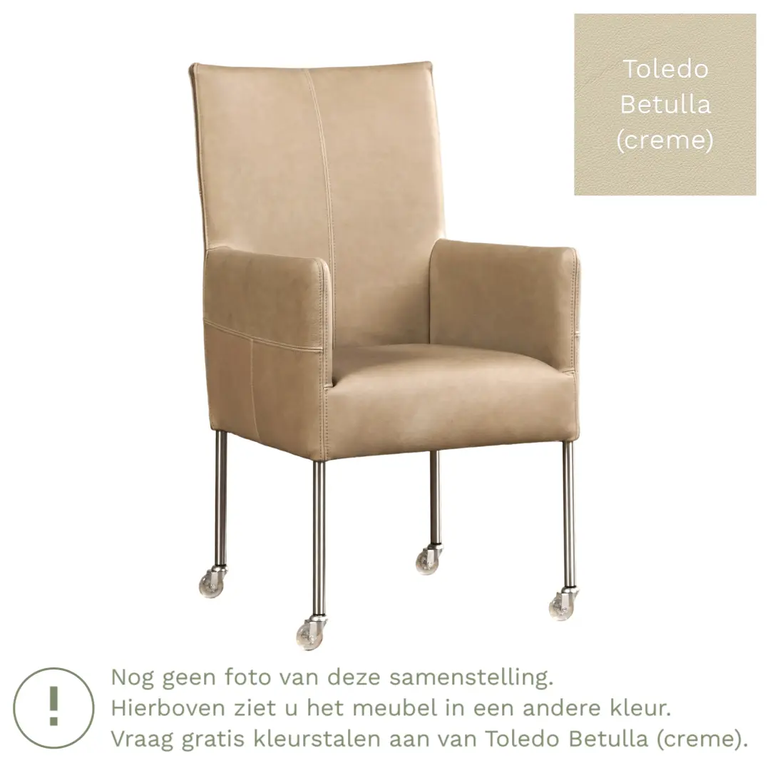 afbeelding van Leren eetkamerstoel Spark - Toledo Betulla (crème) - Poten staal rond RVS